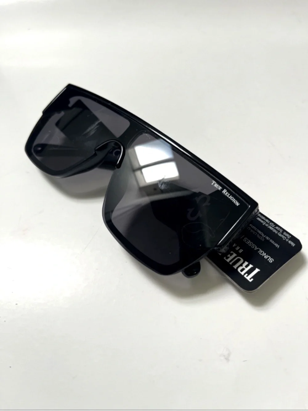 New TRUE RELIGION Shield Sunglasses Black Embossed Logo Acetate Glossy